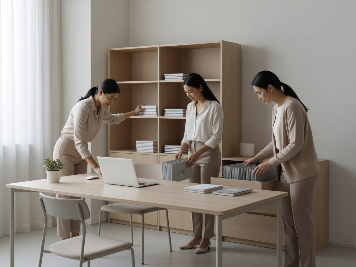 A perfectly organized minimalist home office space in soft lighting