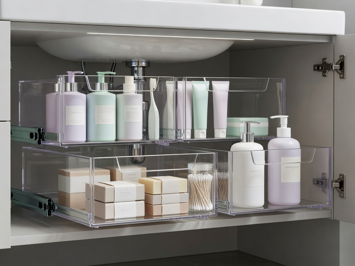 Clear acrylic sliding drawers under a bathroom sink holding toiletries