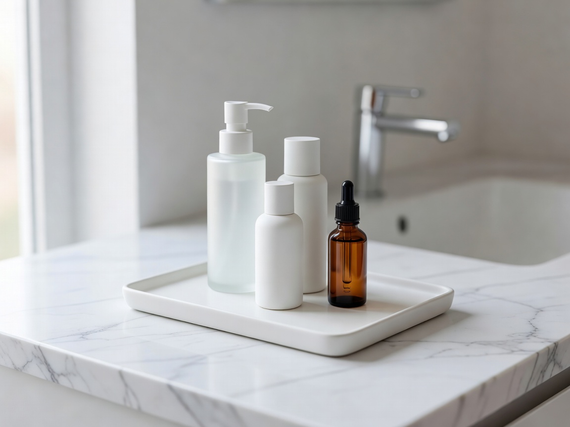 Minimalist bathroom counter featuring a white ceramic tray with grouped skincare bottles