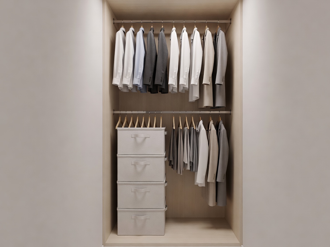 3D render of a tall closet featuring double-hanging rods and stacked canvas bins