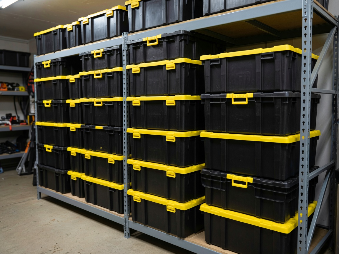 Heavy duty black and yellow storage totes stacked neatly on steel shelving