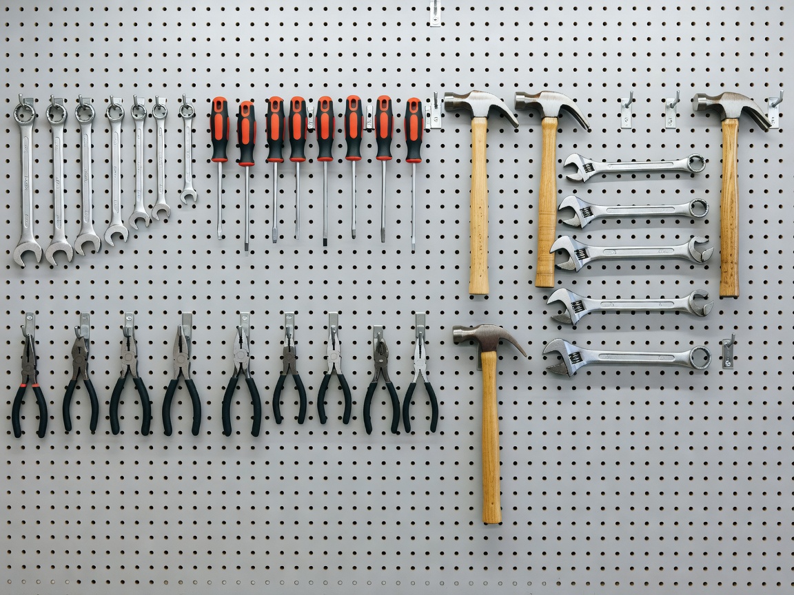 A clean pegboard displaying hand tools in perfect alignment