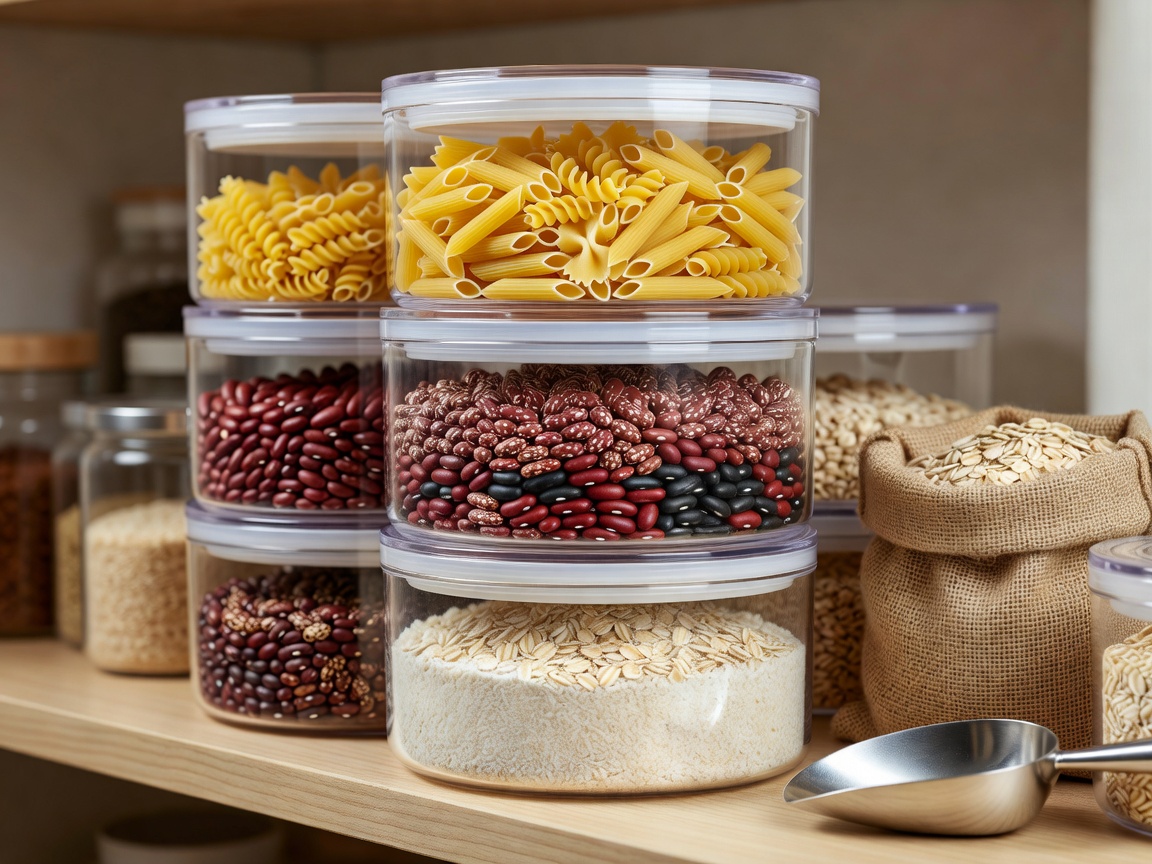 Clear acrylic canisters filled with pasta, beans, and oats stacked neatly